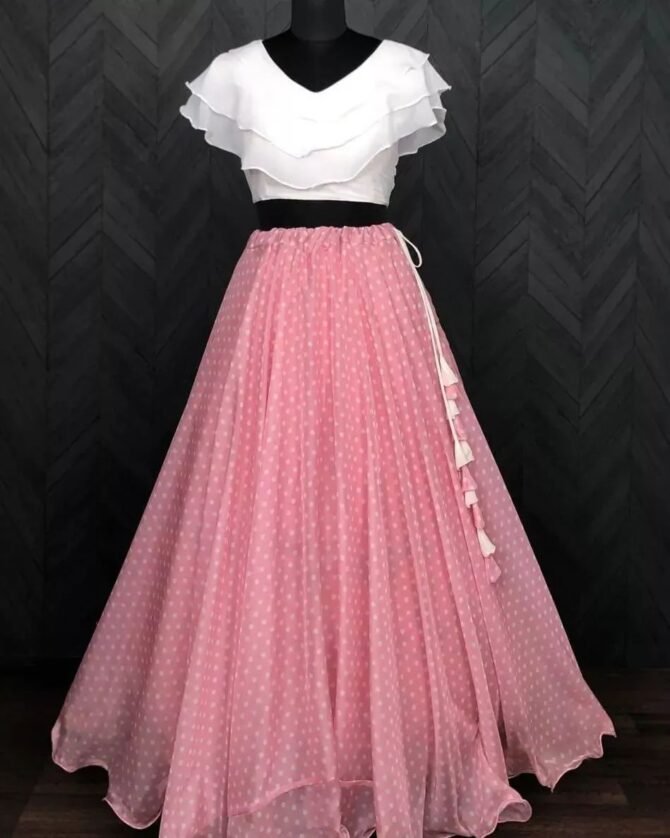 Women's Ready to Wear Pink Polka Dot Georgette top bottom lehenga choli Set