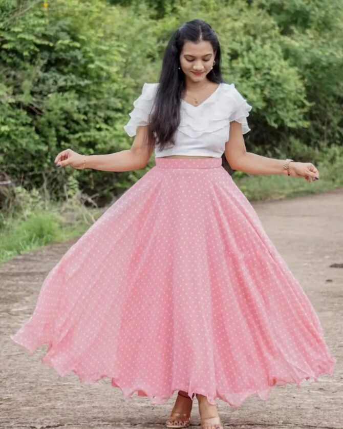 Women's Ready to Wear Pink Polka Dot Georgette top bottom lehenga choli Set