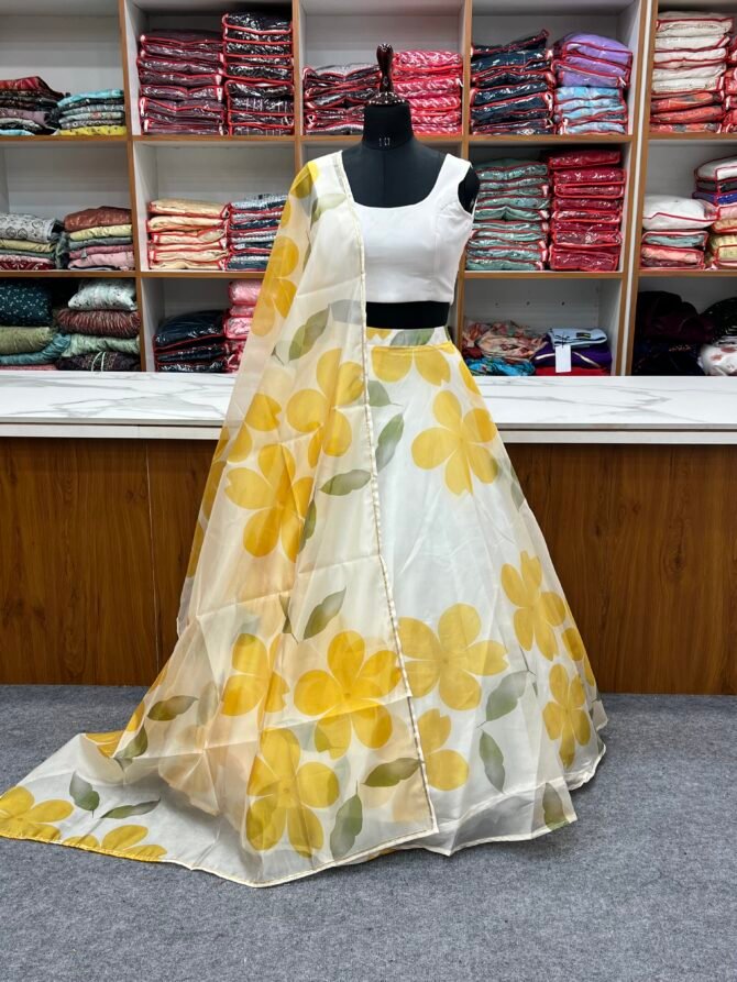 Women's Ready to Wear Yellow Floral Organza top bottom lehenga choli Set