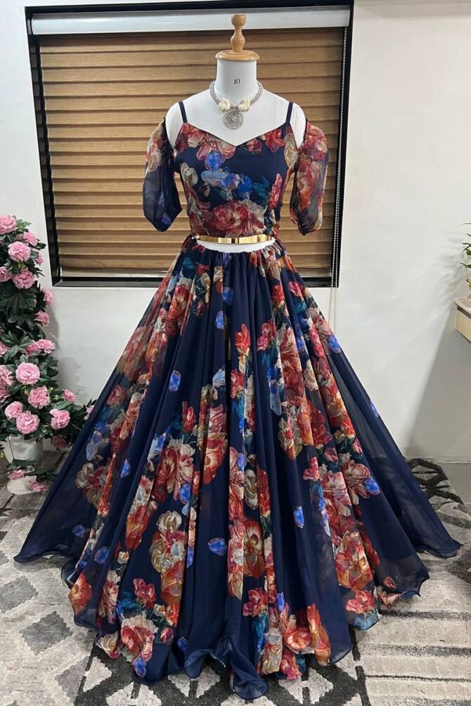 Women's Ready to Wear Yellow Floral Georgette top bottom lehenga choli Set