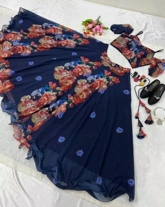 Women's Ready to Wear Yellow Floral Georgette top bottom lehenga choli Set