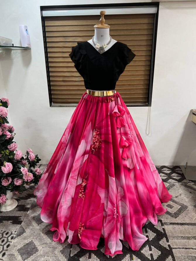 Women's Ready to Wear Pink Floral Georgette top bottom lehenga choli Set