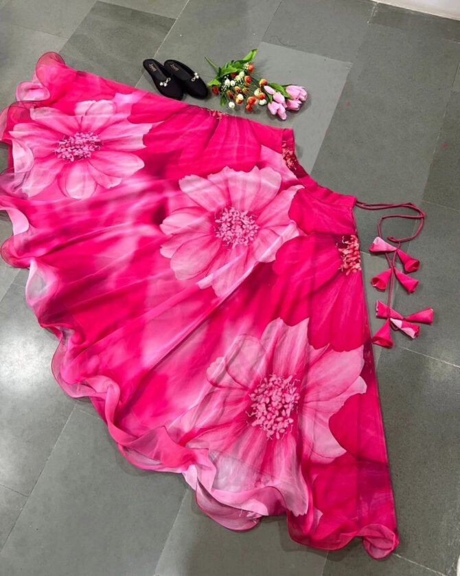 Women's Ready to Wear Pink Floral Georgette top bottom lehenga choli Set