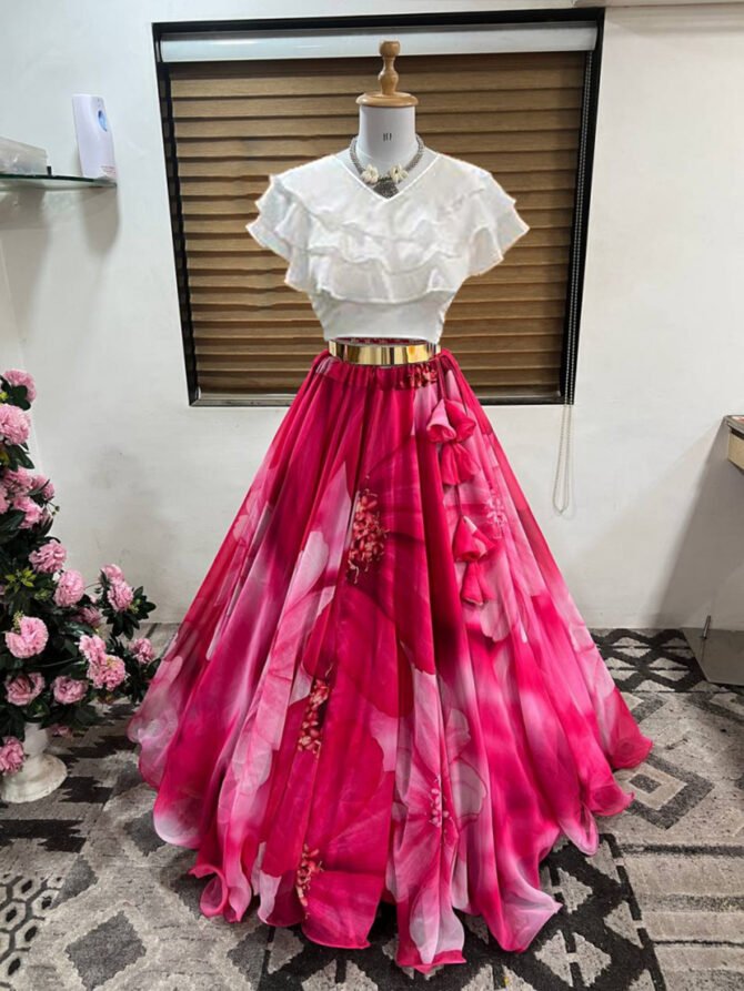 Women's Ready to Wear Pink Floral Georgette top bottom lehenga choli Set