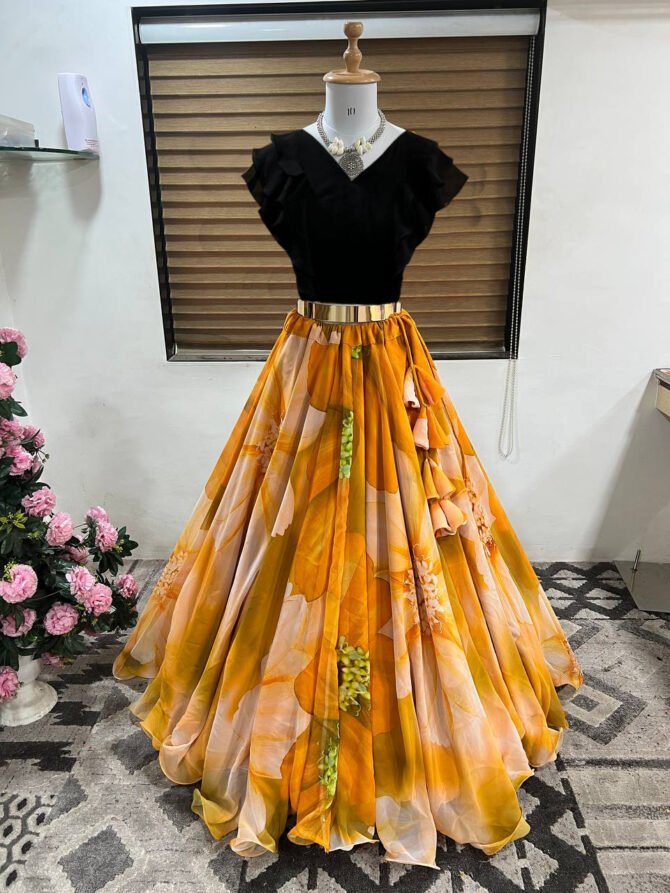 Women's Ready to Wear Yellow Floral Georgette top bottom lehenga choli Set