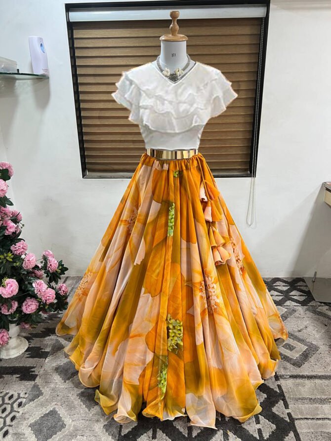 Women's Ready to Wear Yellow Floral Georgette top bottom lehenga choli Set